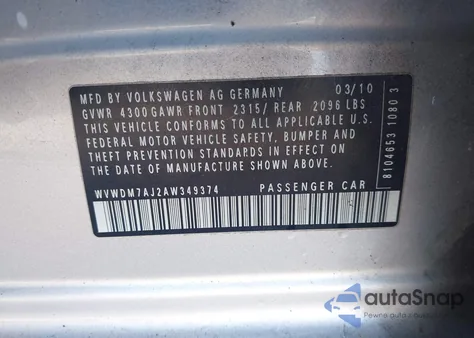 2010 Volkswagen Golf Tdi z USA, uszkodzony, nr VIN WVWDM7AJ2AW349374